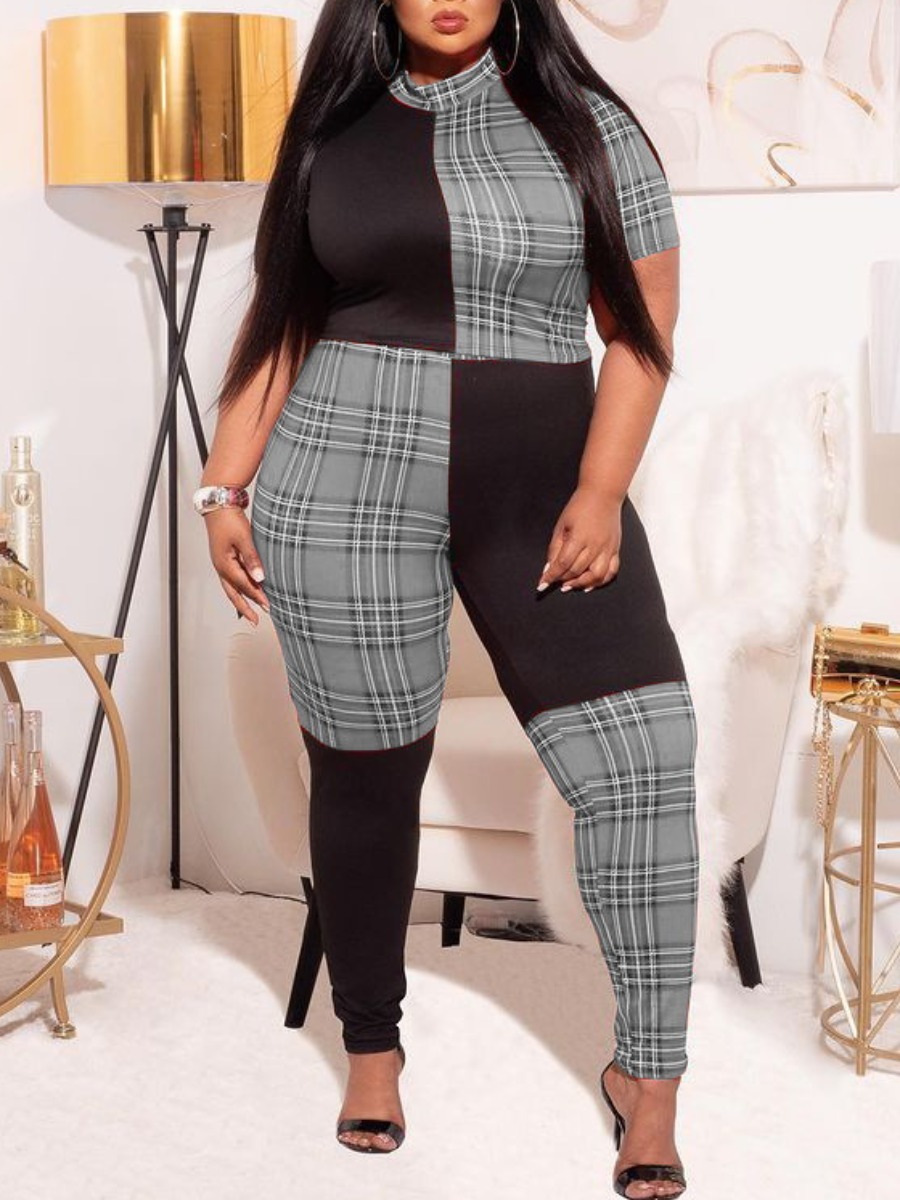 LW Plus Size Pattern Plaid Skinny Jumpsuit 0X