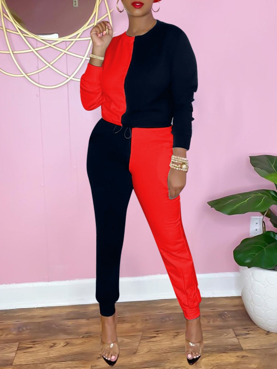 LW Round Neck Patchwork Drawstring Pants Set