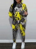 LW Plus Size Pink Letter Camo Print Kangaroo Pocket Tracksuit Set