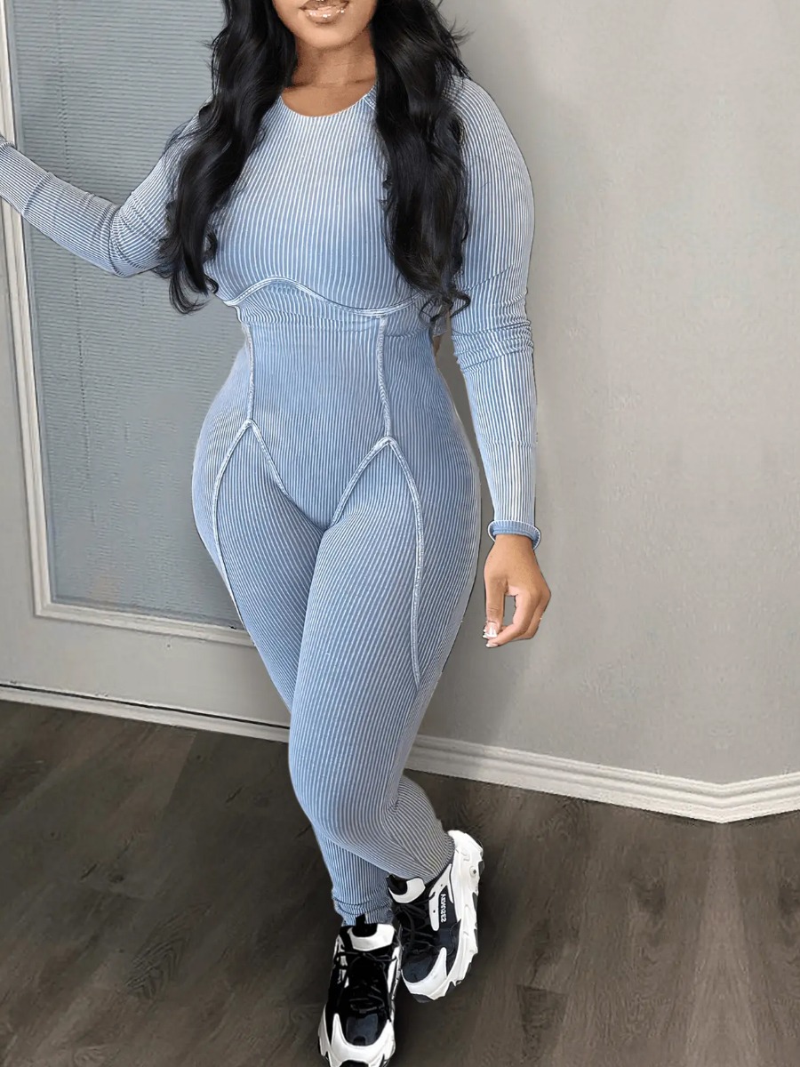 LW BASICS Rib Knit Line Stitching Skinny Jumpsuit