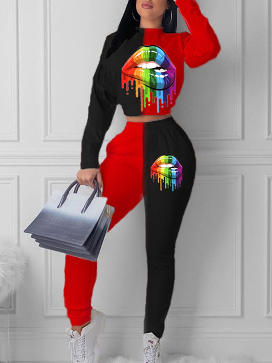 LW Lip Print Patchwork Pants Set