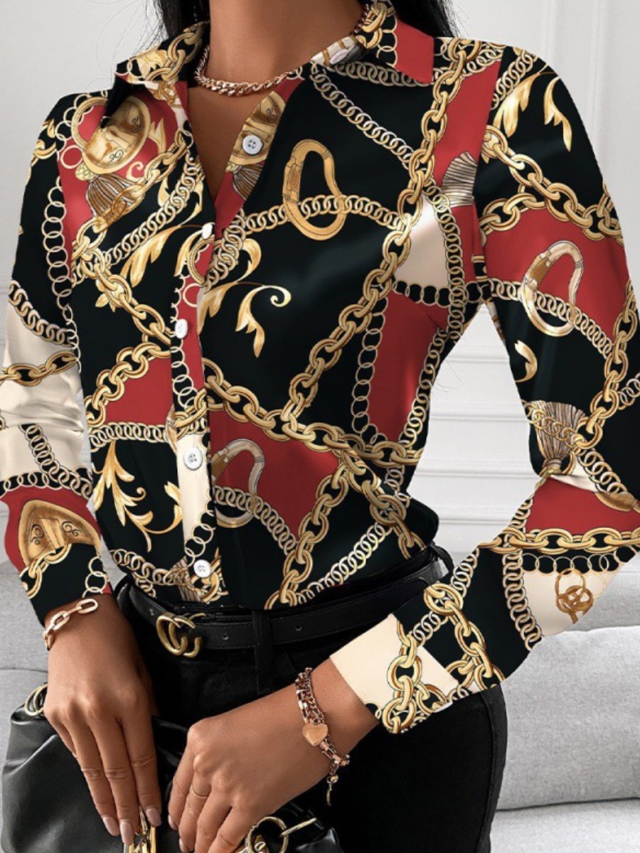 LovelyWholesale Pattern Breasted Print Skinny Shirt Spring|Fall Long Sleeve Casual Turndown Collar Spring Summer 2024