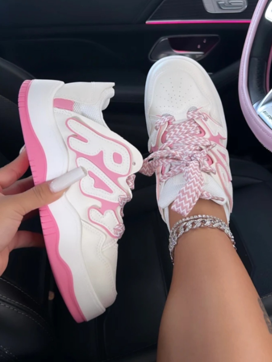 LovelyWholesale Geometric Print Letter Decor Sneakers All Seasons Sporty Lace Up Spring Summer 2024