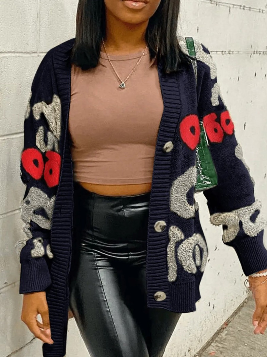 LovelyWholesale Plus Size Letter Decor Loose Cardigan Fall Long Sleeve Casual Conventional Collar Spring Summer 2024