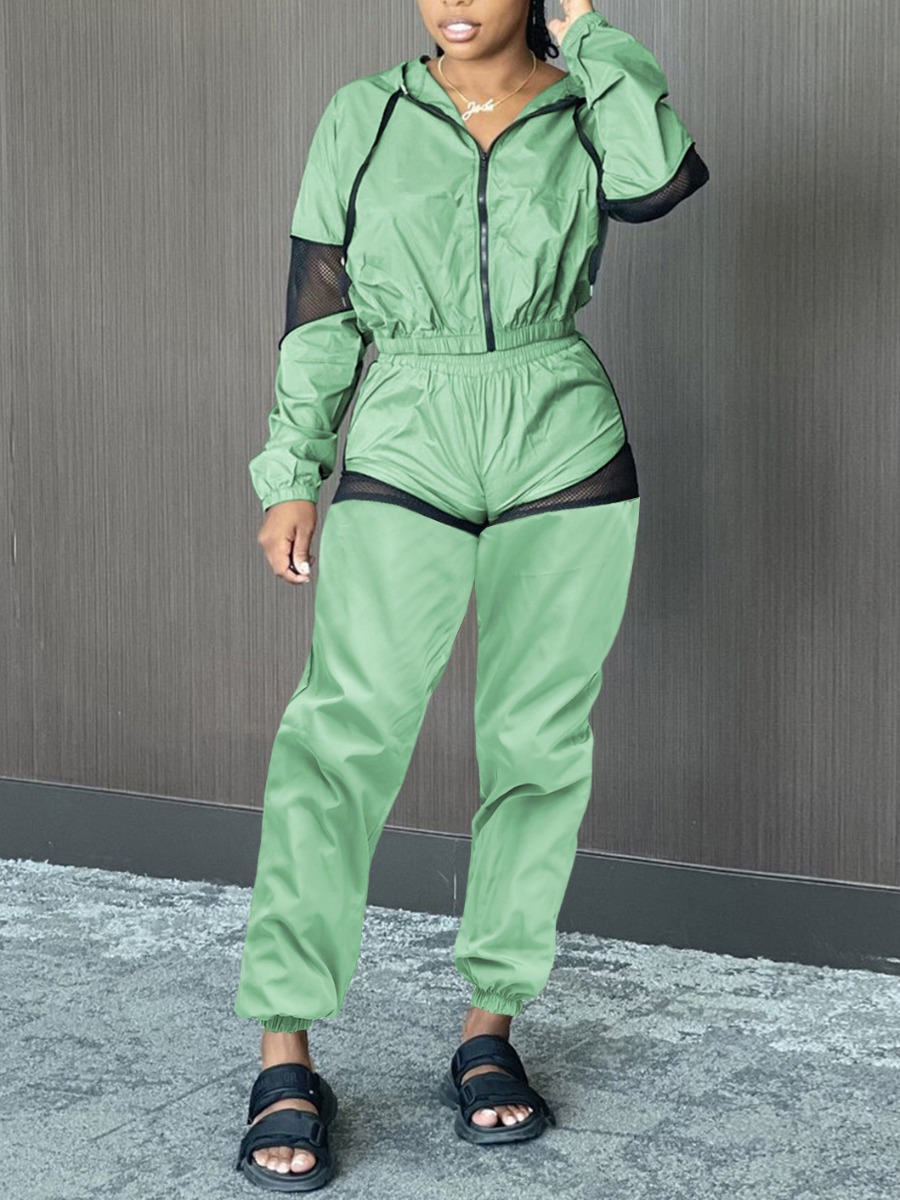 LovelyWholesale Hooded Collar Zipper Design Pants Set Fall Long Sleeve Casual Hooded Collar Spring Summer 2024