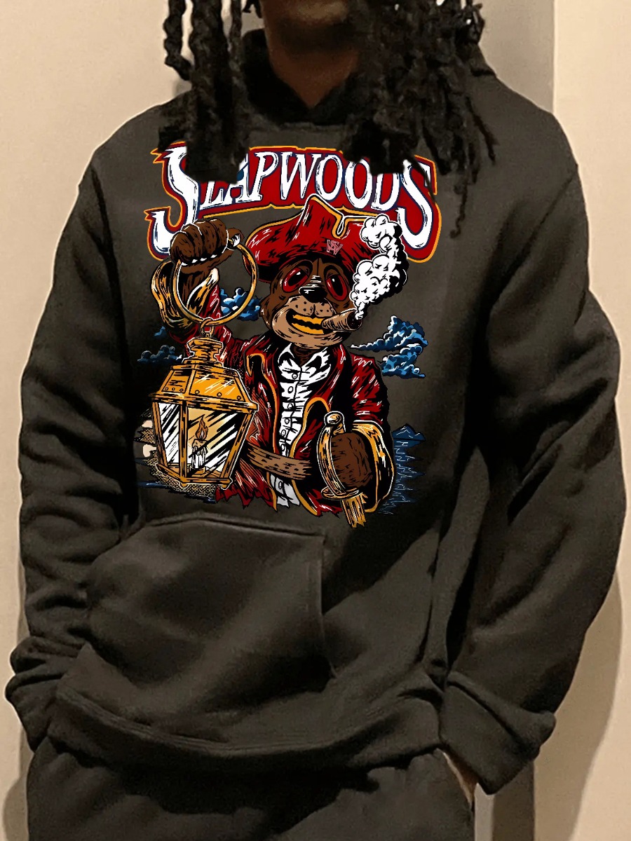 LW Men Cartoon Letter Print Kangaroo Pocket Hoodie