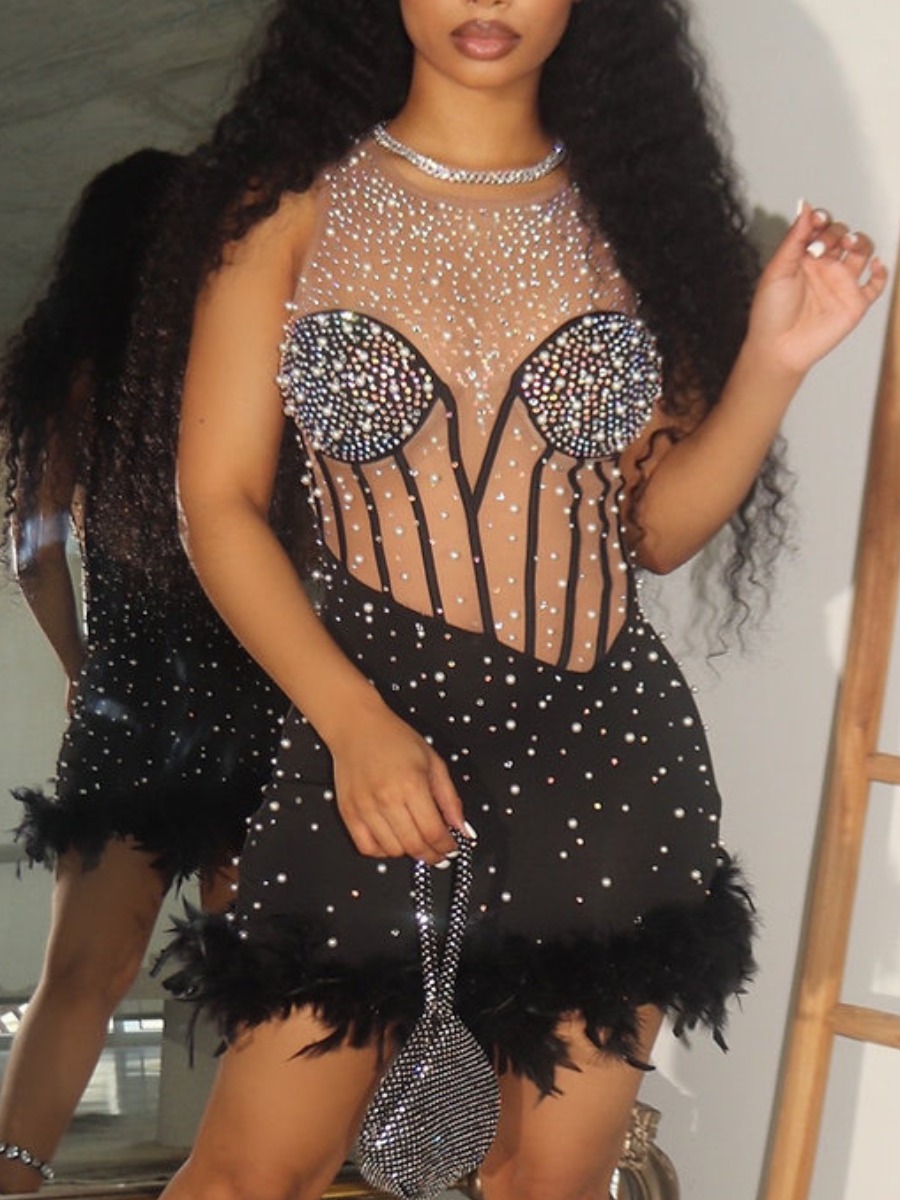 LW SXY Feathers Decor See Through Sequined Bodycon Dress