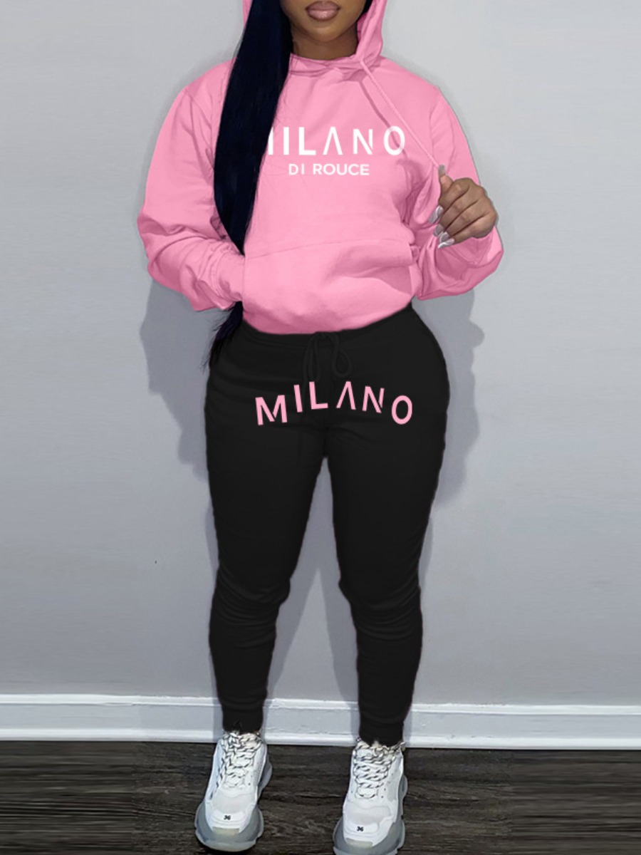 LW Plus Size Letter Print Kangaroo Pocket Tracksuit Set