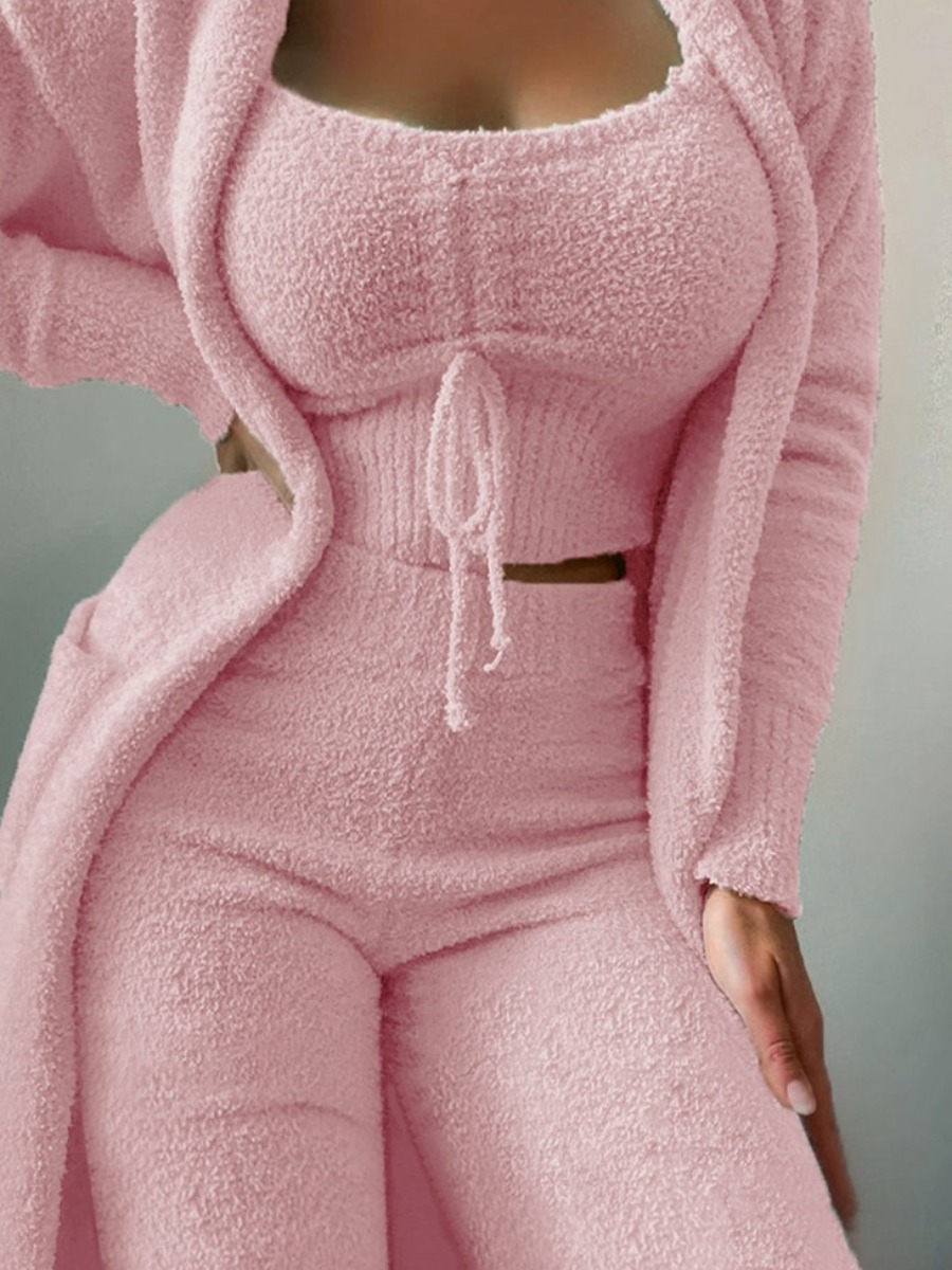 LovelyWholesale Plus Size Pocket Design Drawstring Three Piece Pants Set Fall Long Sleeve Casual Drawstring Conventional Collar  Spring Summer 2024