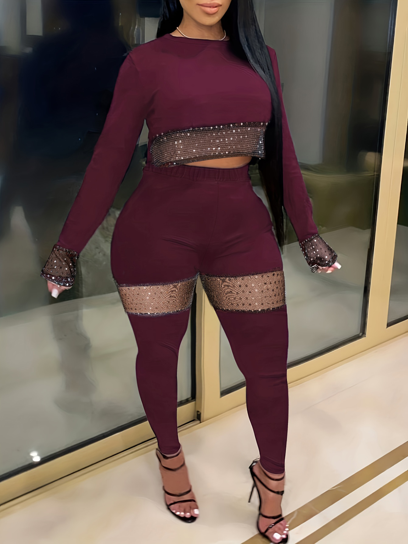 LW Plus Size Crop Top Sequined Pants Set