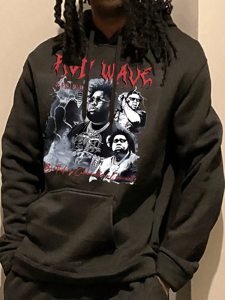 LW Men Figure Letter Print Kangaroo Pocket Hoodie