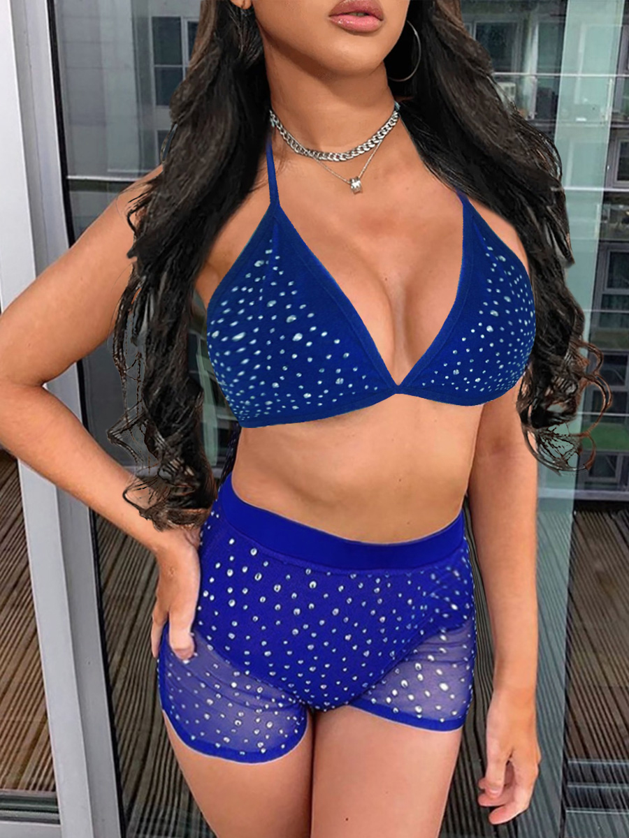 LW SXY Rhinestone Decor See Through Shorts Set