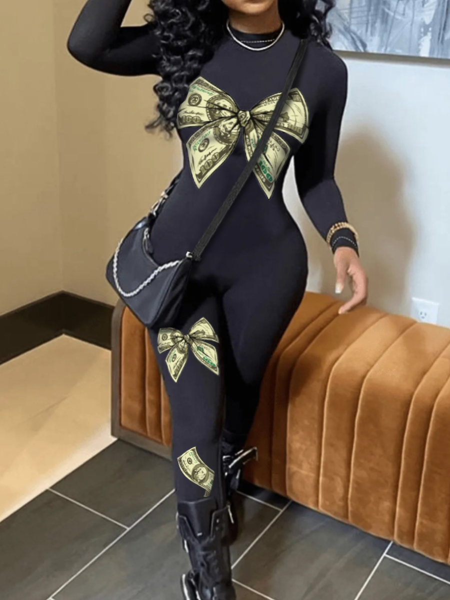 LovelyWholesale Money Print Skinny Jumpsuit Fall Long Sleeve Casual Asymmetrical Round Neck Spring Summer 2024