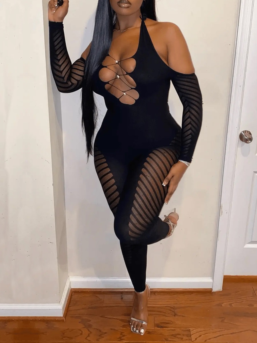 LovelyWholesale SXY Plus Size See Through Skinny Jumpsuit Fall Long Sleeve Sxy See Through U Neck  OneSize Spring Summer 2024