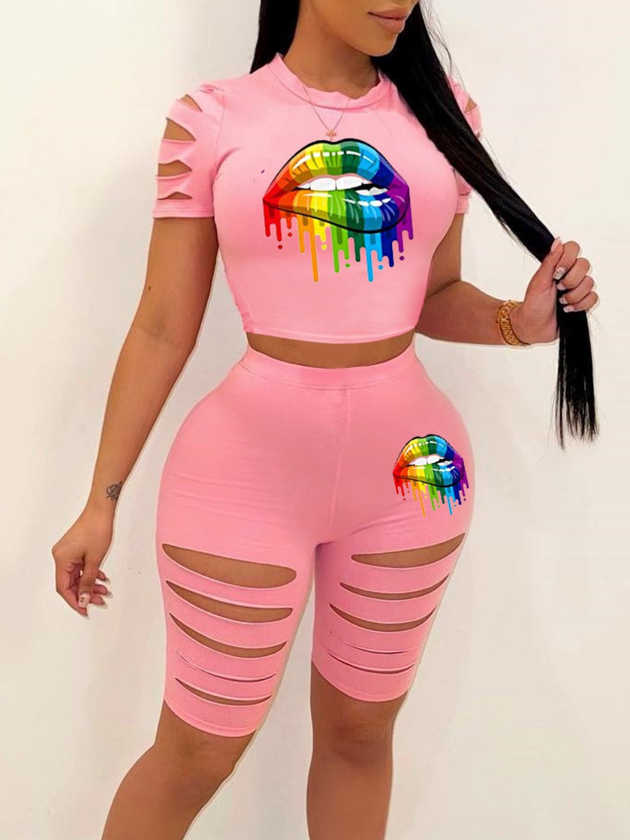 LovelyWholesale Crop Top Lip Print Ripped Shorts Set Summer Short Sleeve Casual Graffiti Element Round Neck Spring Summer 2024
