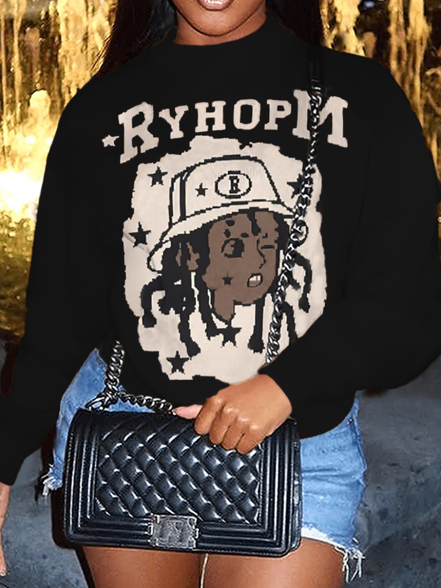 LovelyWholesale Figure Letter Print Sweatshirt Fall Nine Points Sleeve Street None Round Neck Spring Summer 2024