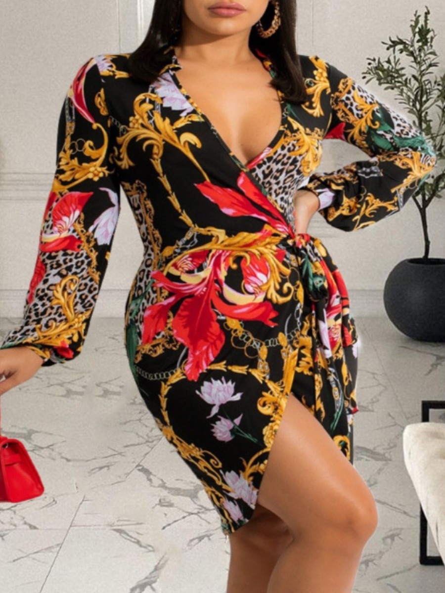 LW Leopard Floral Print Wrapped Dress