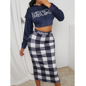 LW Trendy Hooded Collar Letter Plaid Print Skirt S
