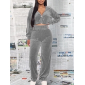 LW BASICS Velvet Hooded Collar Wide Leg Pants Set