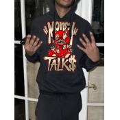 LW Men Cartoon Letter Print Kangaroo Pocket Hoodie