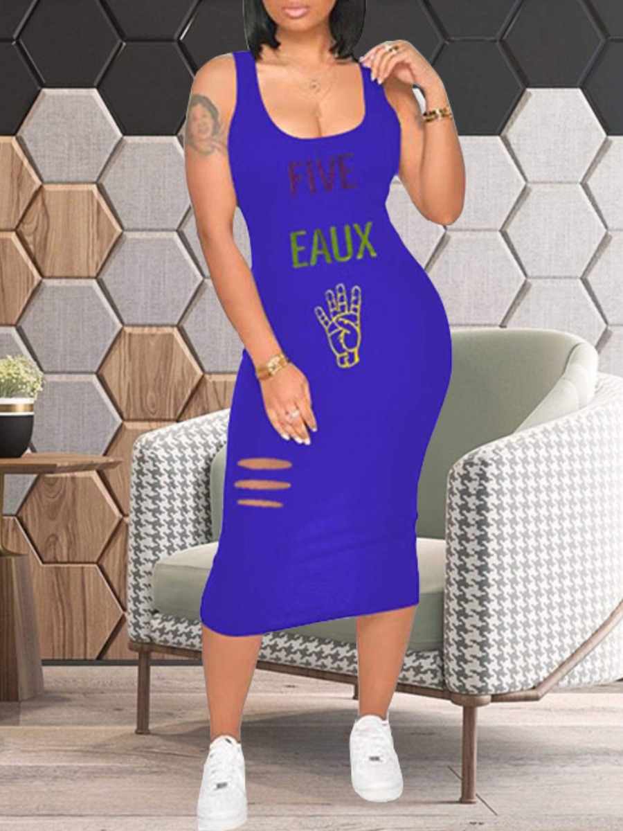 LovelyWholesale Letter Print Ripped Bodycon Cami Dress Summer Sleeveless Casual Vests U Neck Spring Summer 2024