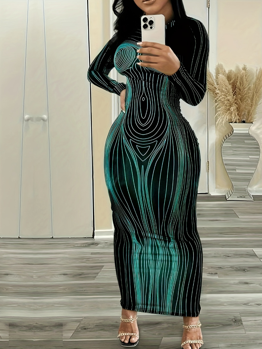 LW SXY Plus Size Body Print Striped Bodycon Dress