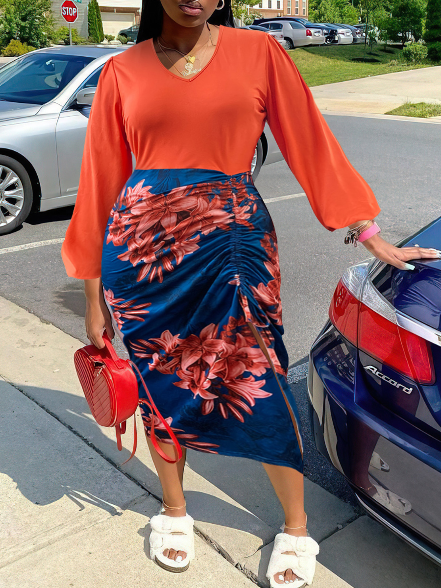 LW Plus Size V Neck Floral Print Ruched Drawstring Dress
