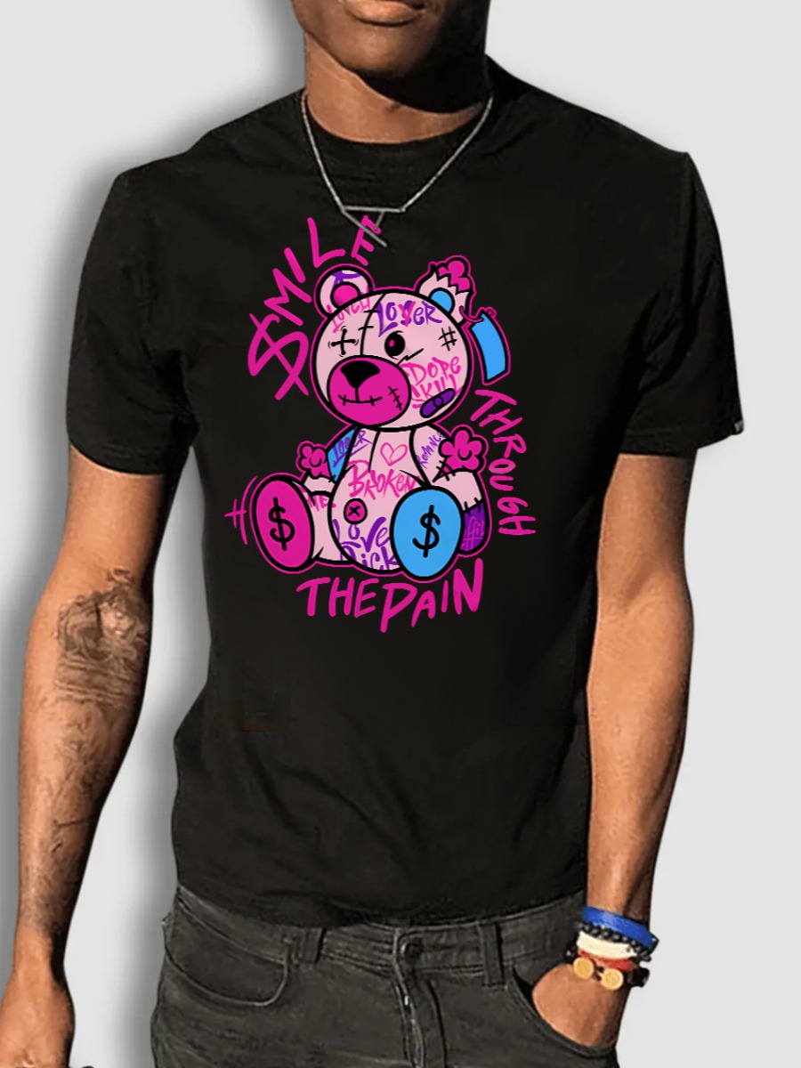 LovelyWholesale BASICS Men Teddy Bear Letter Print T-shirt Summer Short Sleeve Casual Pattern Round Neck Spring Summer 2024