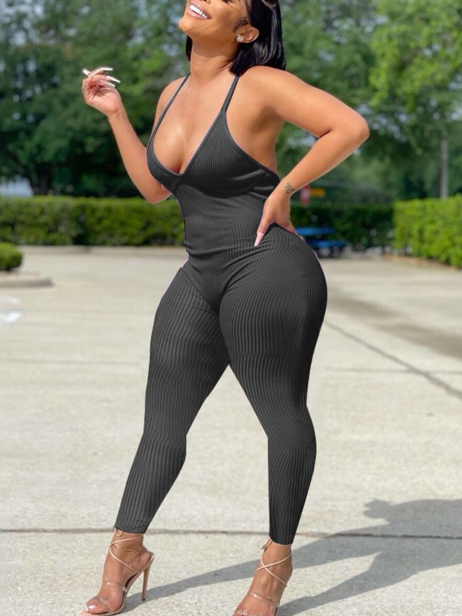 LovelyWholesale BASICS Rib Knit Backless Cami Jumpsuit Spring|Summer Sleeveless Casual None V Neck Spring Summer 2024