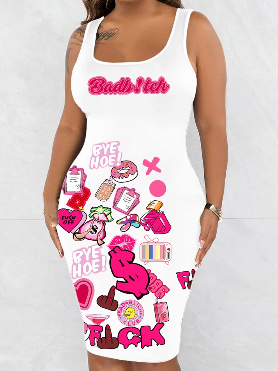 LW Plus Size Cartoon Letter Print Bodycon Cami Dre