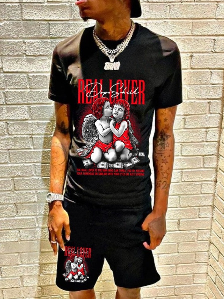 LovelyWholesale Men Figure Letter Print Shorts Set Summer Short Sleeve Casual Pattern Round Neck Spring Summer 2024