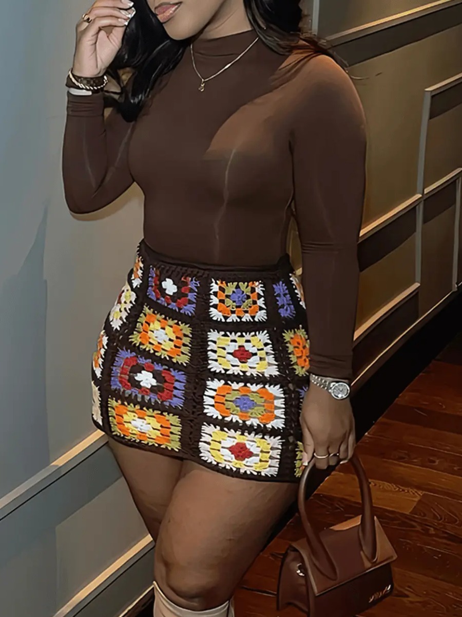 LovelyWholesale Turtleck Handmade Mixed Color Hip Skirt Set Spring Long Sleeve Sweet Plush Round Neck Spring Summer 2024