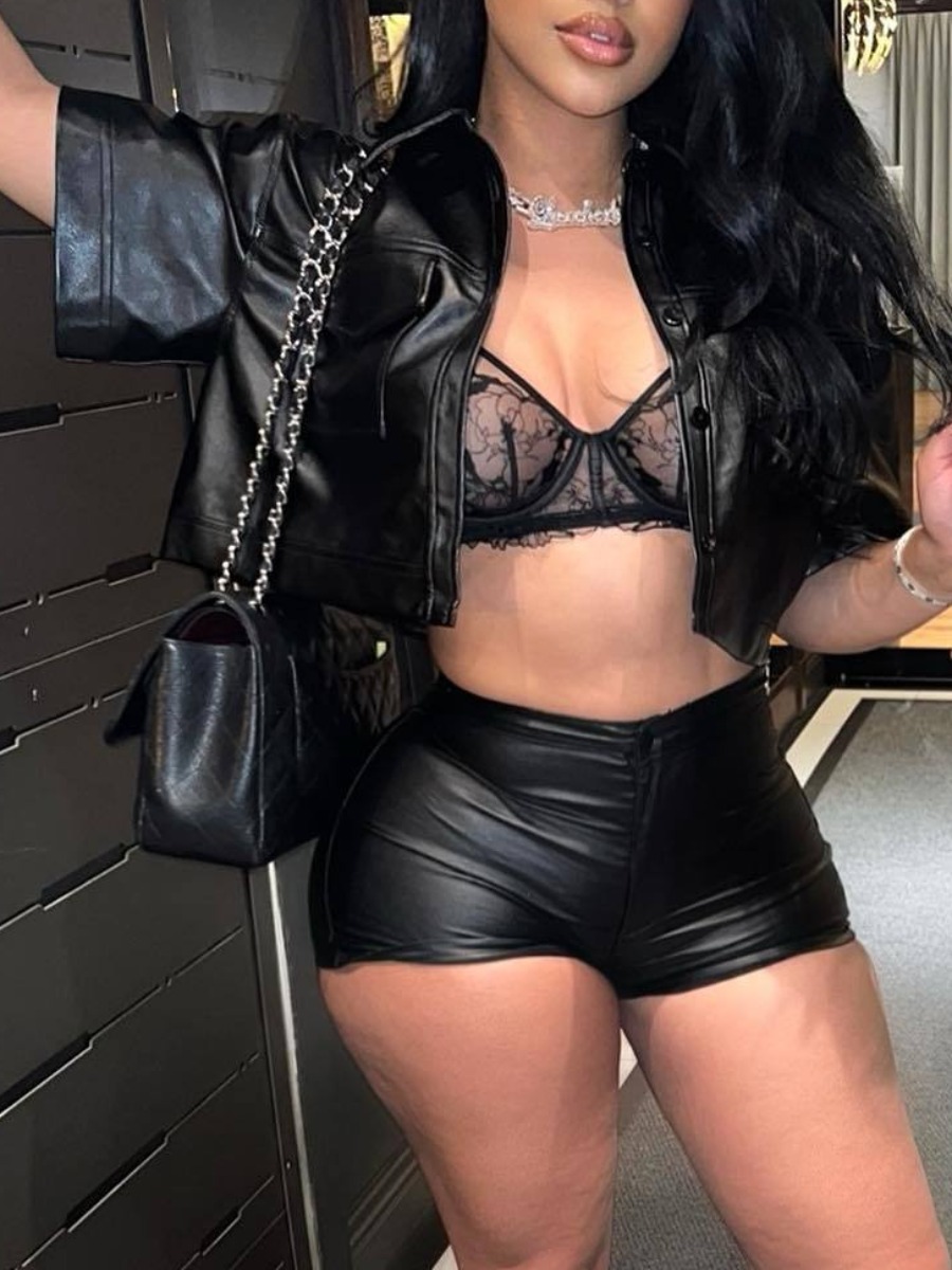 LW Faux Leather Button Design Crop Top Shorts Set