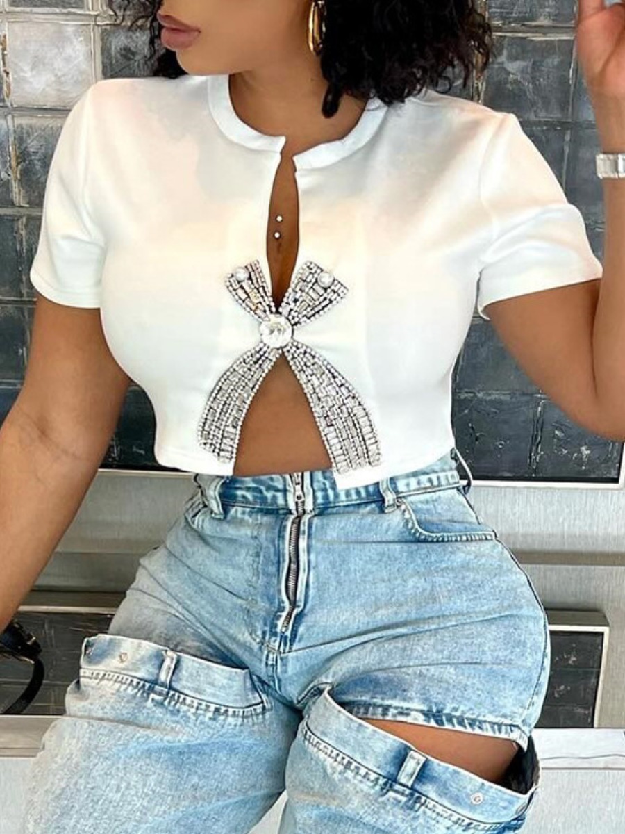 LovelyWholesale Front Split Button Design T-shirt Summer Short Sleeve Sweet Hot Drilling Round Neck Spring Summer 2024