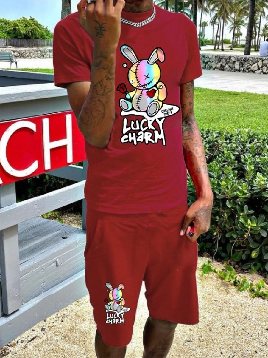 LovelyWholesale Men Letter Cartoon Print Shorts Set Summer Short Sleeve Casual Pattern Round Neck Spring Summer 2024