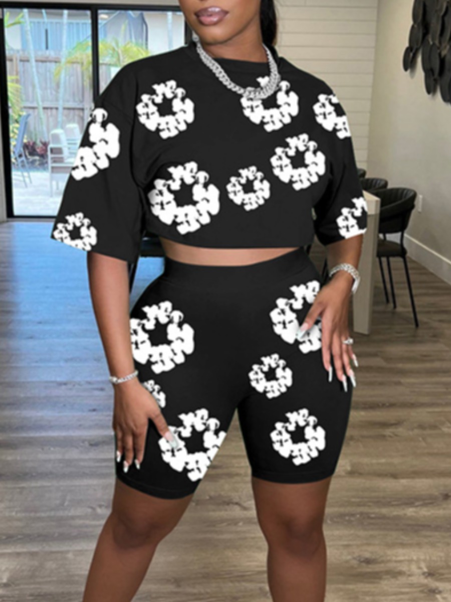 LovelyWholesale Crop Top Floral Print Shorts Set Summer Short Sleeve Casual Print Round Neck Spring Summer 2024