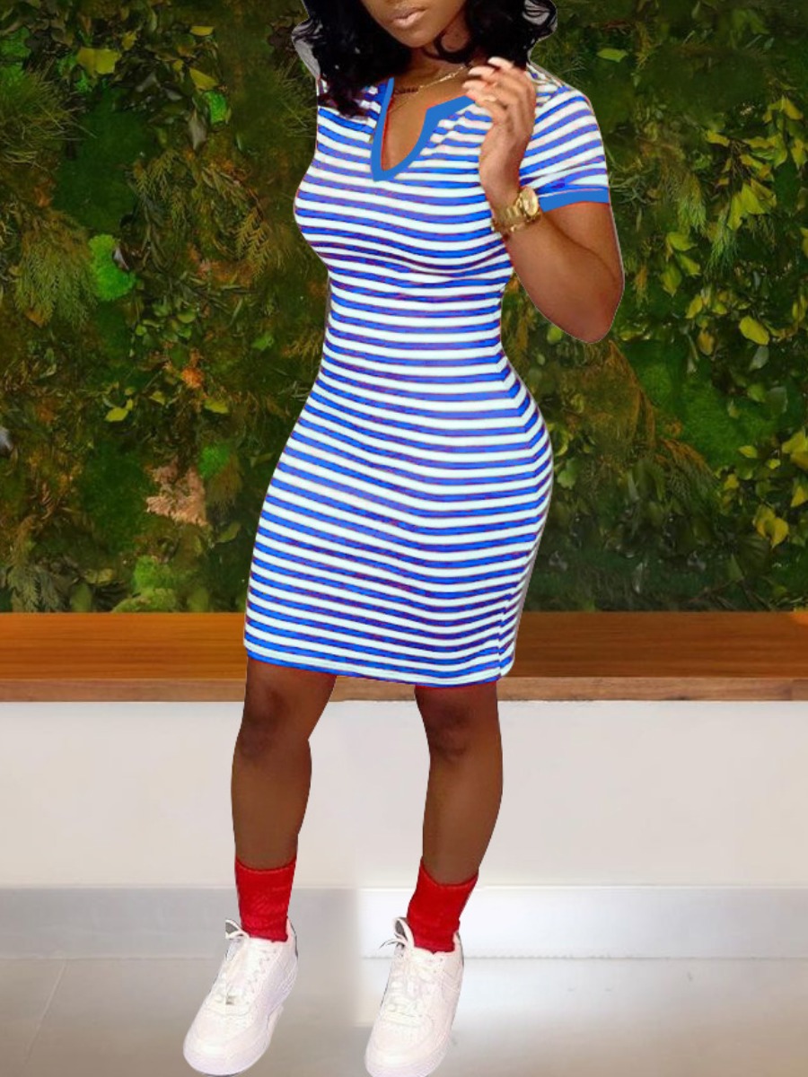 LW V Neck Striped Bodycon Dress