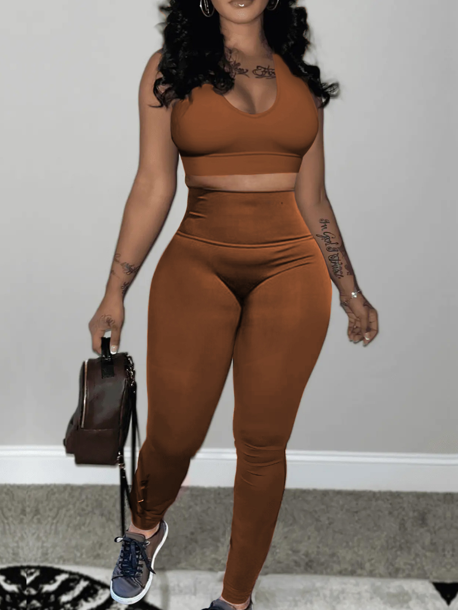 LovelyWholesale BASICS Crop Top High Waist Yoga Pants Set Spring Sleeveless Casual None V Neck Spring Summer 2024