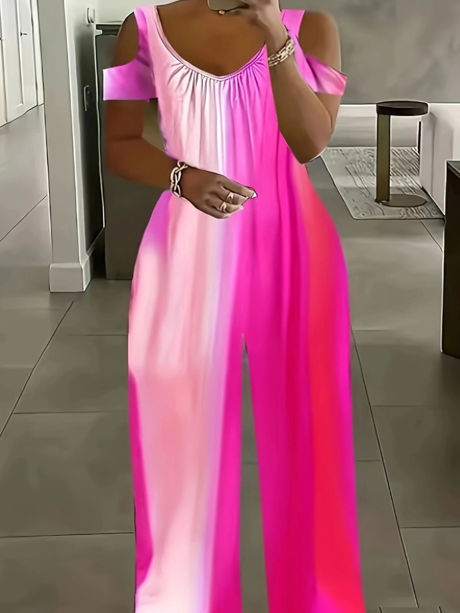 LovelyWholesale Plus Size Gradient Cut Out Loose Jumpsuit Spring|Summer Short Sleeve Vacation Pattern U Neck  5X Spring Summer 2024