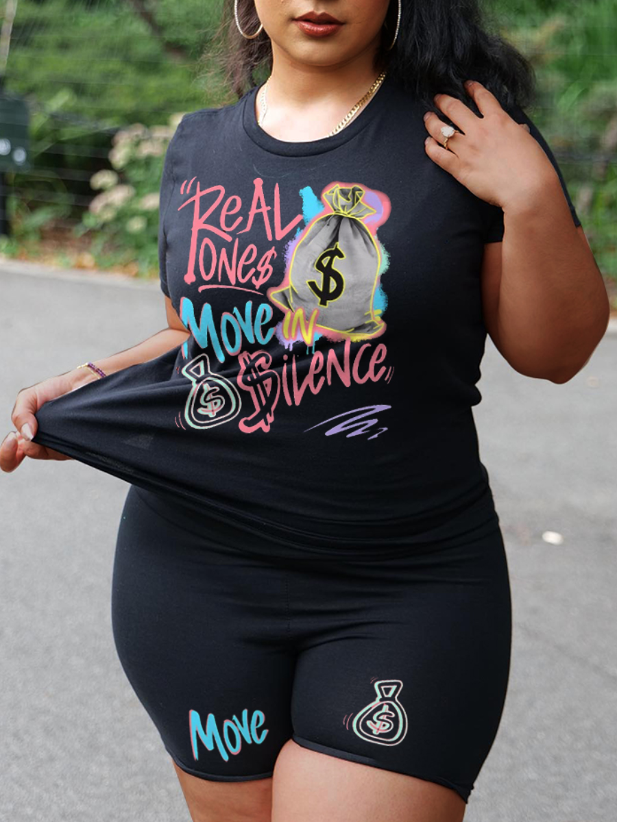 LW Plus Size Graffiti Letter Print Shorts Set