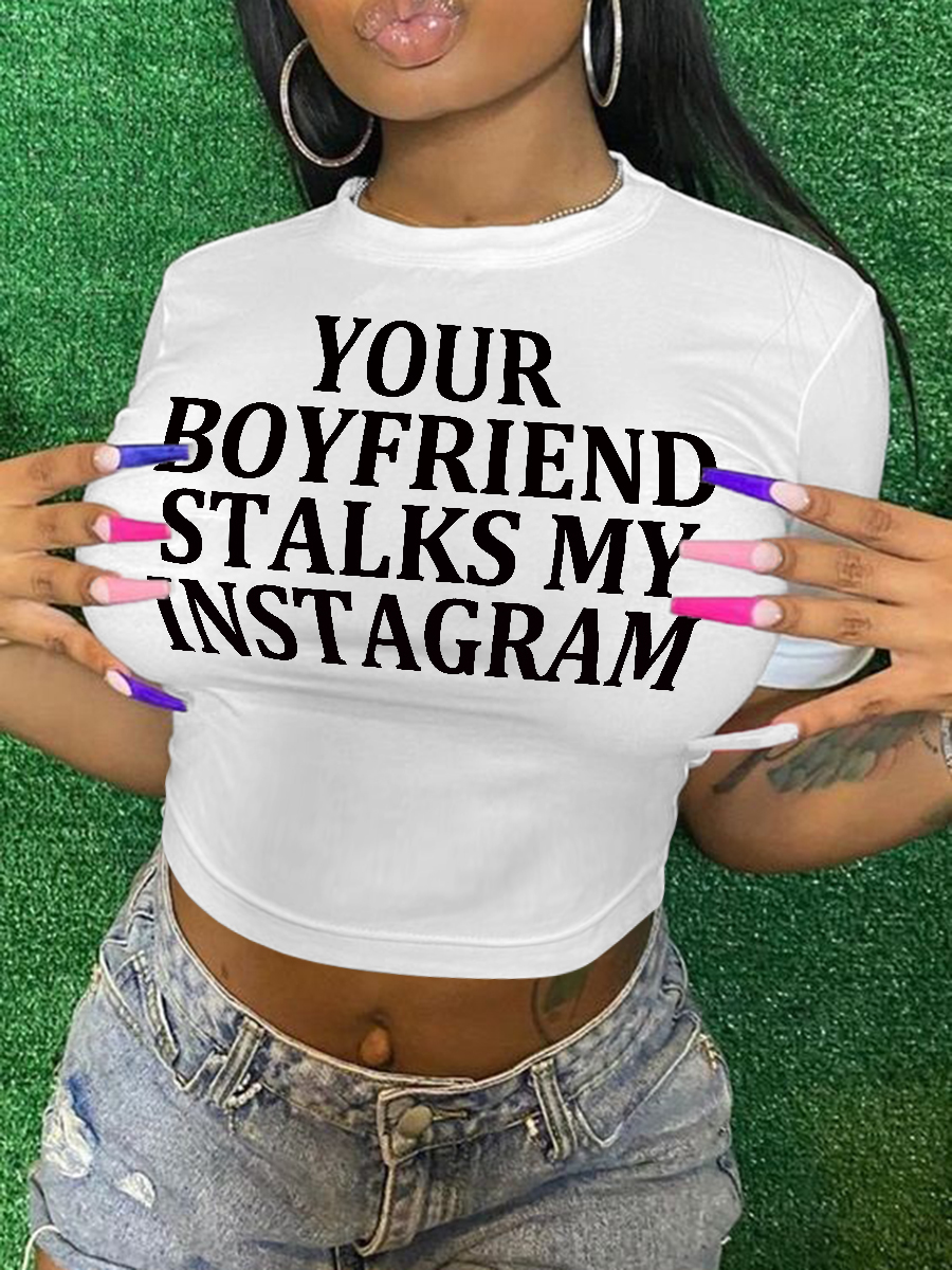 LovelyWholesale Plus Size Crop Top Letter Print T-shirt Summer Short Sleeve Casual Pattern Round Neck  3X Spring Summer 2024