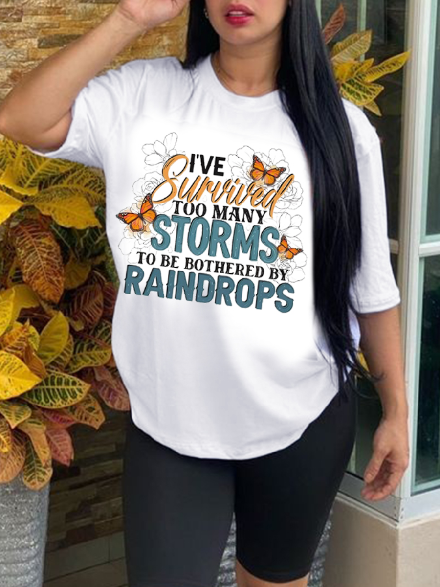 LovelyWholesale Plus Size Floral Butterfly Letter Print T-shirt Summer Short Sleeve Casual None Round Neck  5X Spring Summer 2024