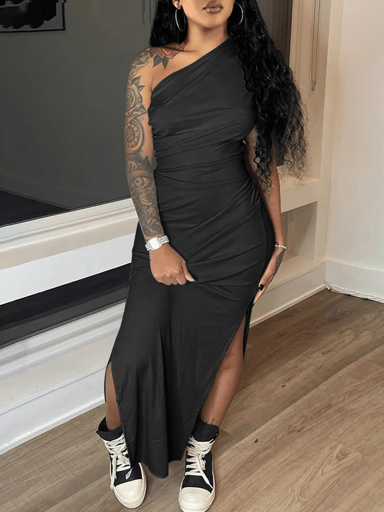 LW One Shoulder Thigh Slit Bodycon Dress
