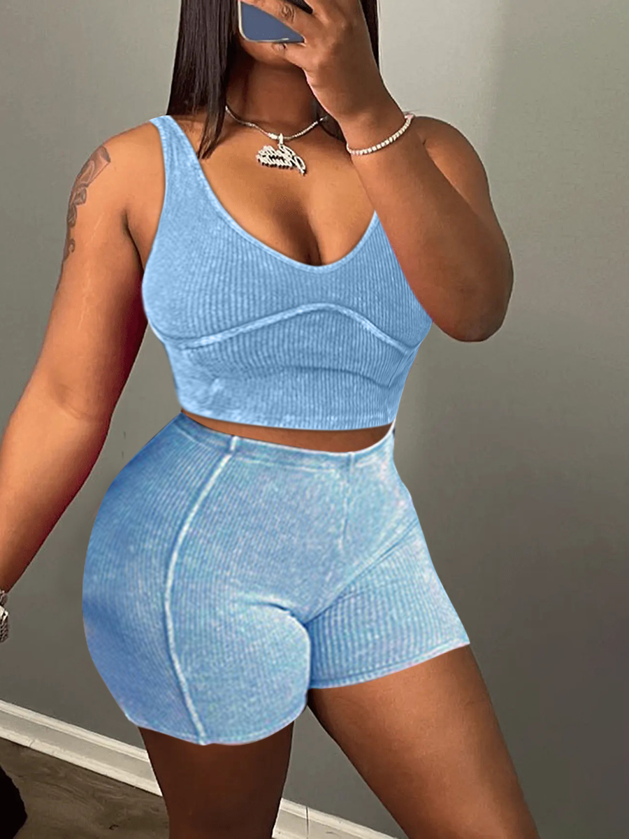 LovelyWholesale BASICS Crop Top Rib Knit Shorts Set Summer Sleeveless Casual Vests V Neck Spring Summer 2024