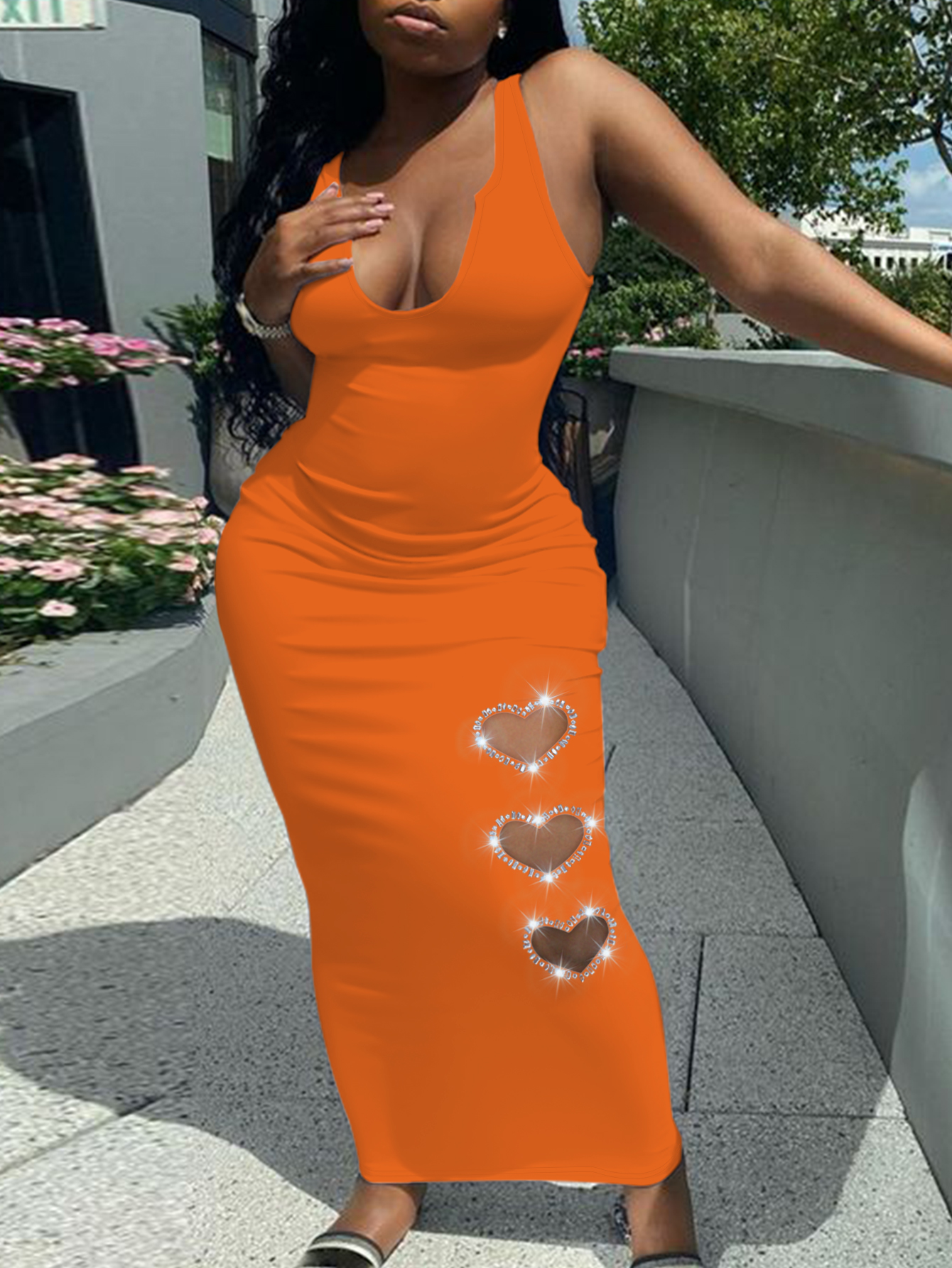 LW BASICS Plus Size Rhinestone Heart Decor Bodycon Dress