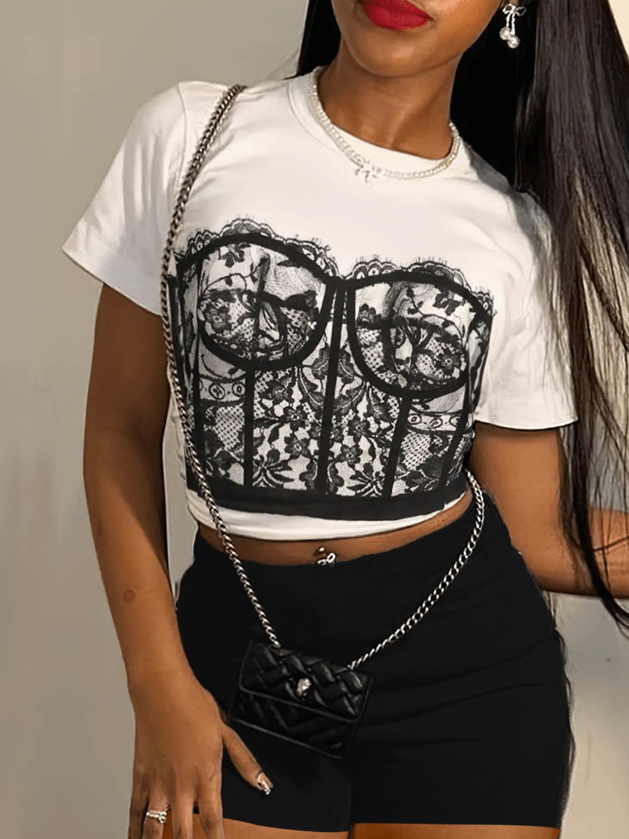 LW SXY Round Neck Lace Decor Shorts Set