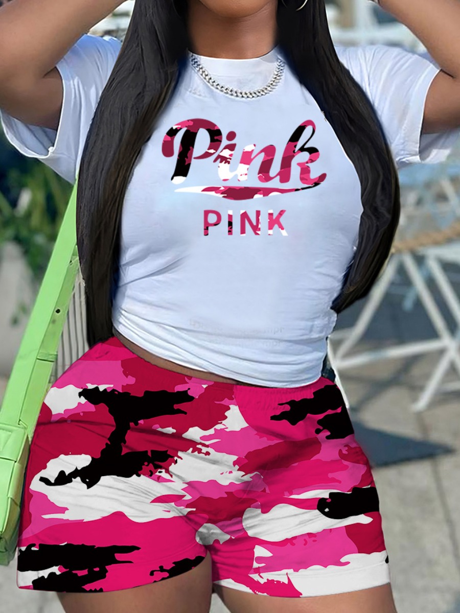 LW Plus Size Pink Letter Camo Print Shorts Set