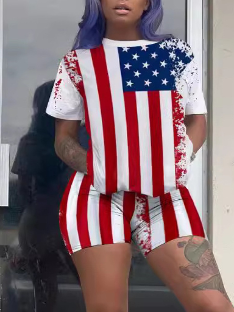 LW Plus Size American Flag Star Print Striped Shorts Set