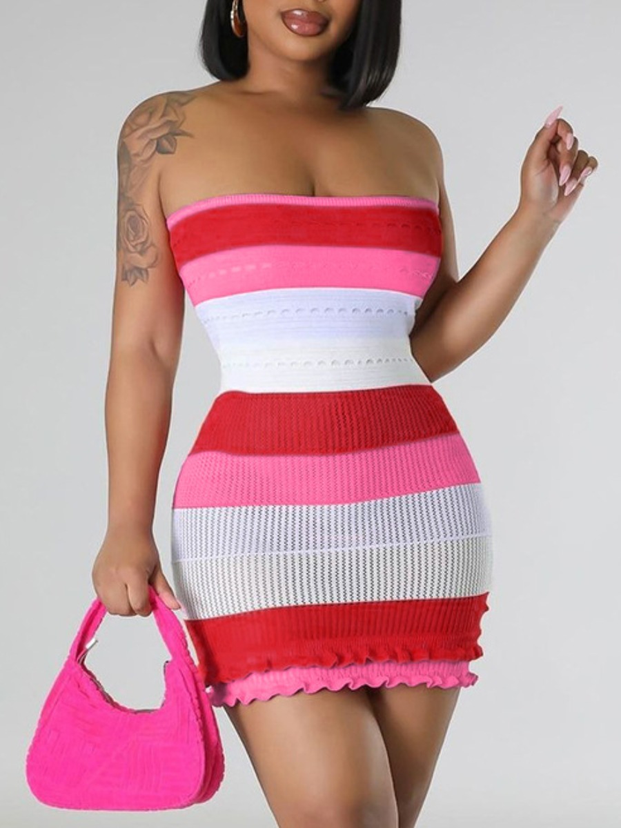 LW Off The Shoulder Striped Ruffle Trim Dress