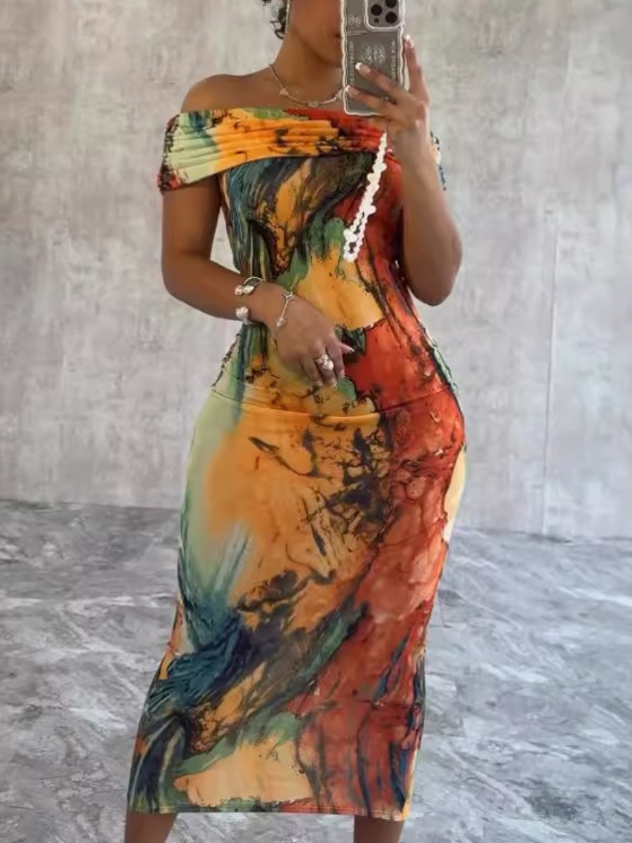 LW SXY Plus Size Off The Shoulder Mixed Print Bodycon Dress